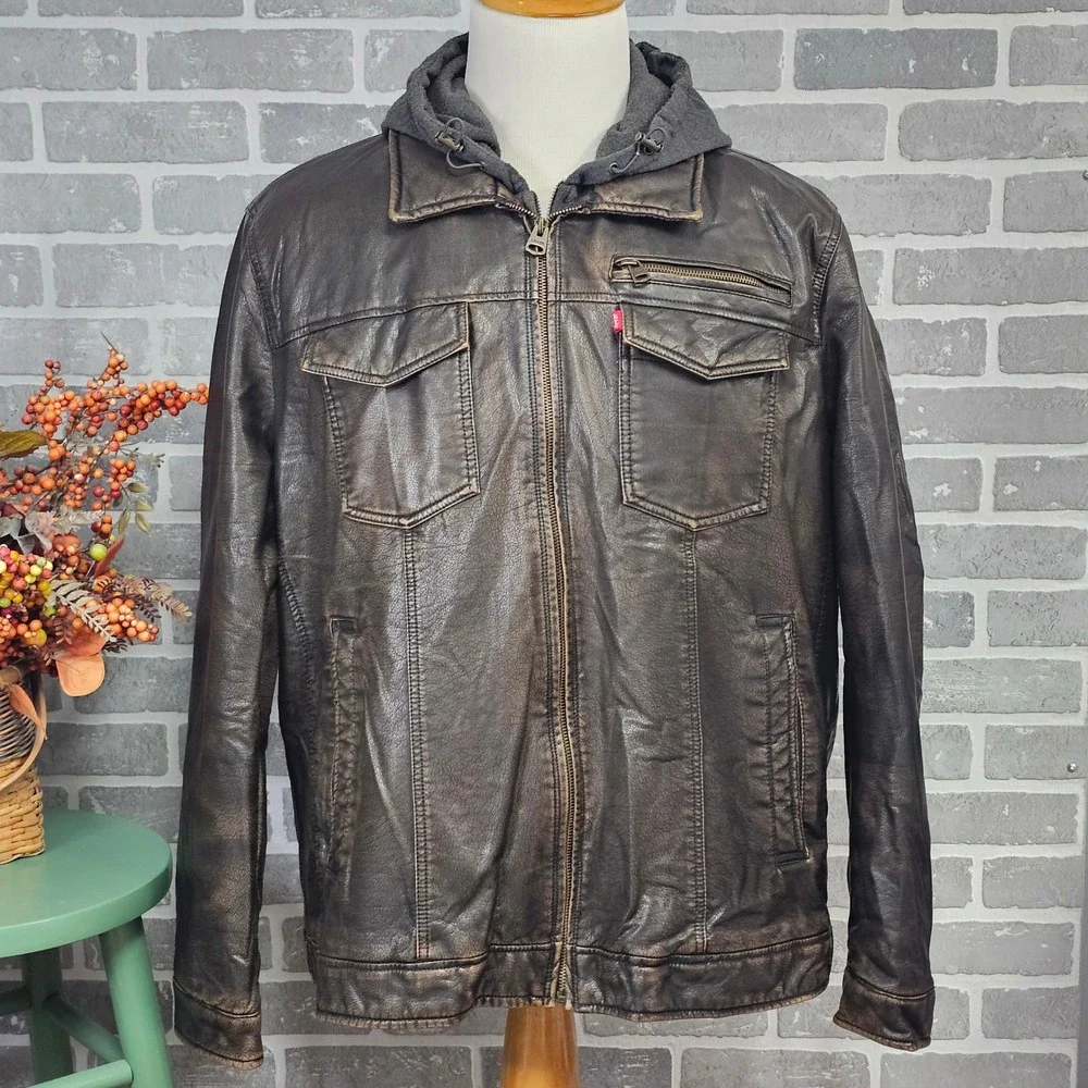 Levi's Men's Faux Leather Sherpa Hoodie Jacket XXL Brown Distressed Grunge Moto‎